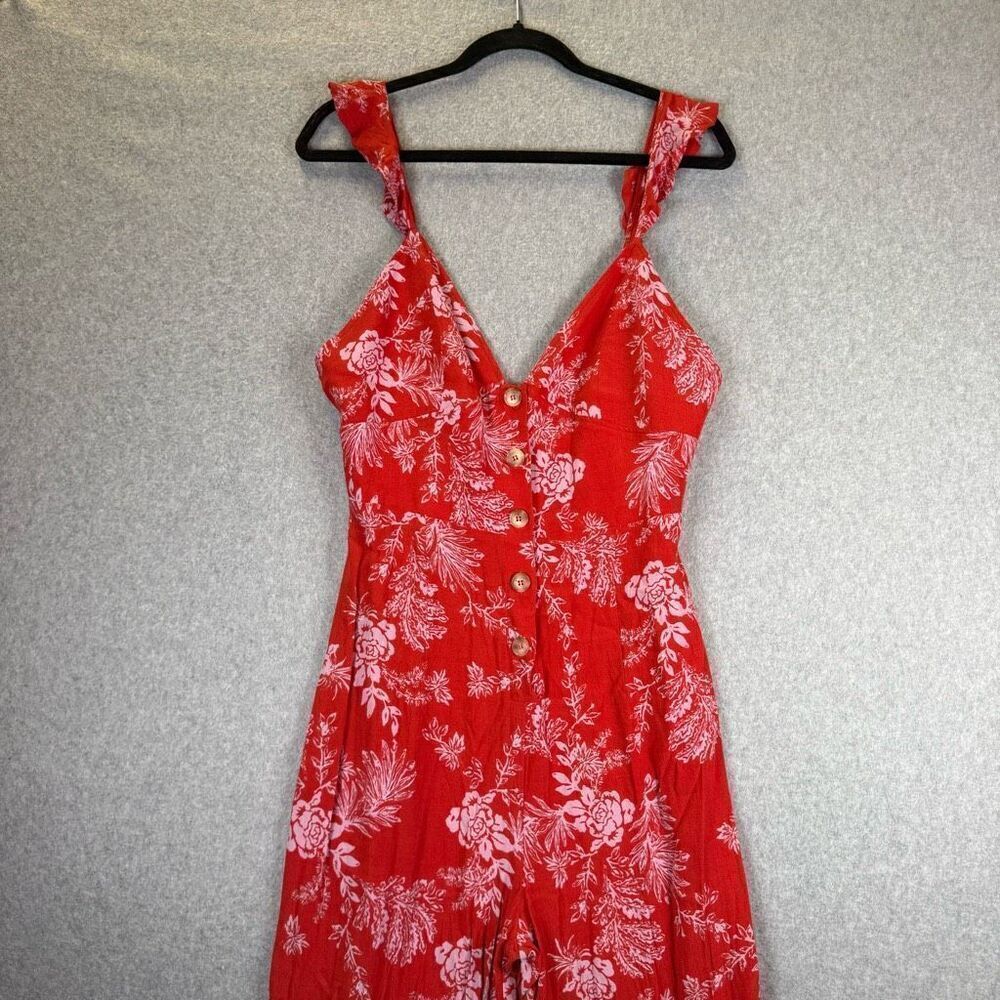 Free People Womens 10 Be the One Jumpsiit Red Floral Ruffle Straps Wide Leg